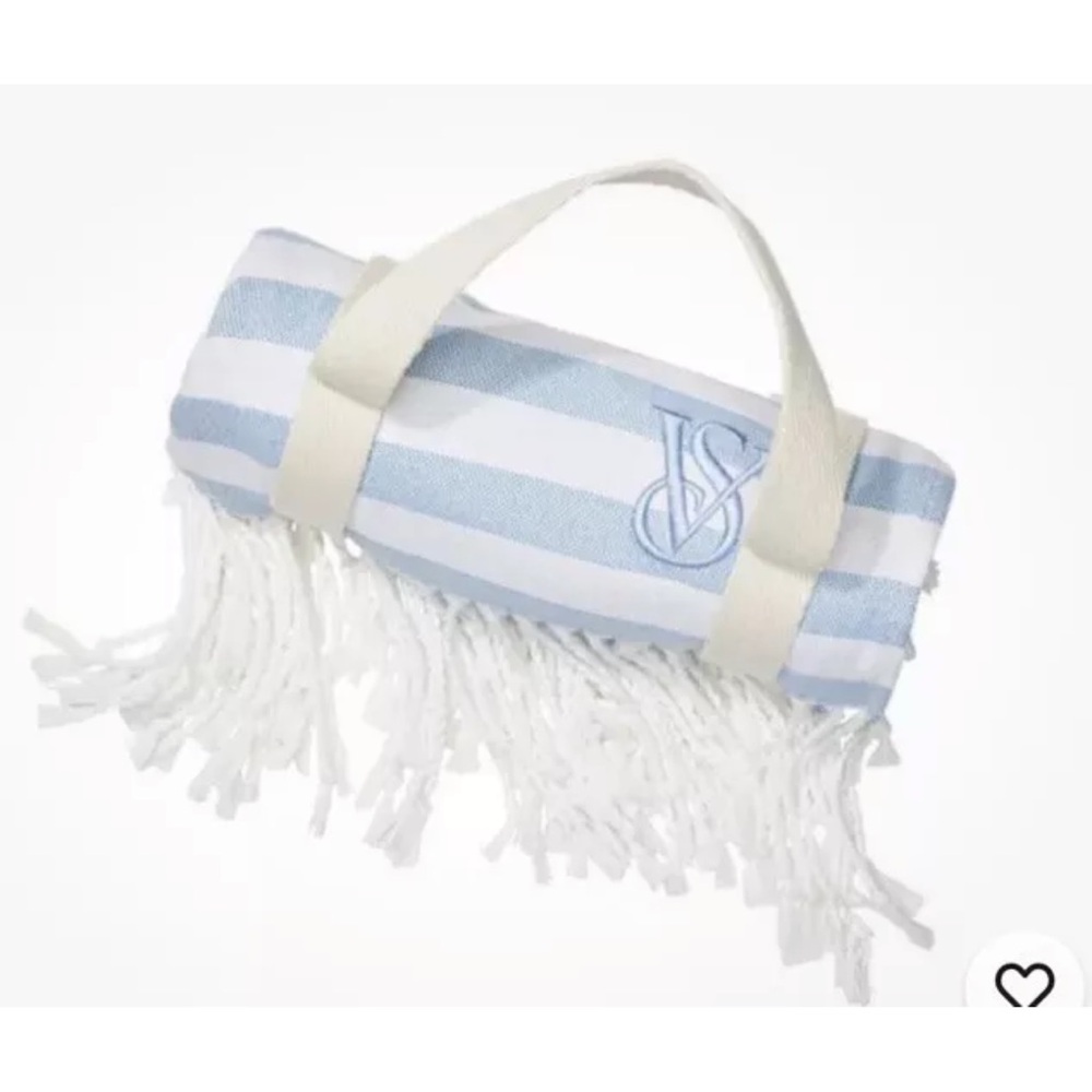 VICTORIAS SECRET MONOGRAM FRINGE BEACH BLANKET BLUE WHITE STRIPED 34"x60”